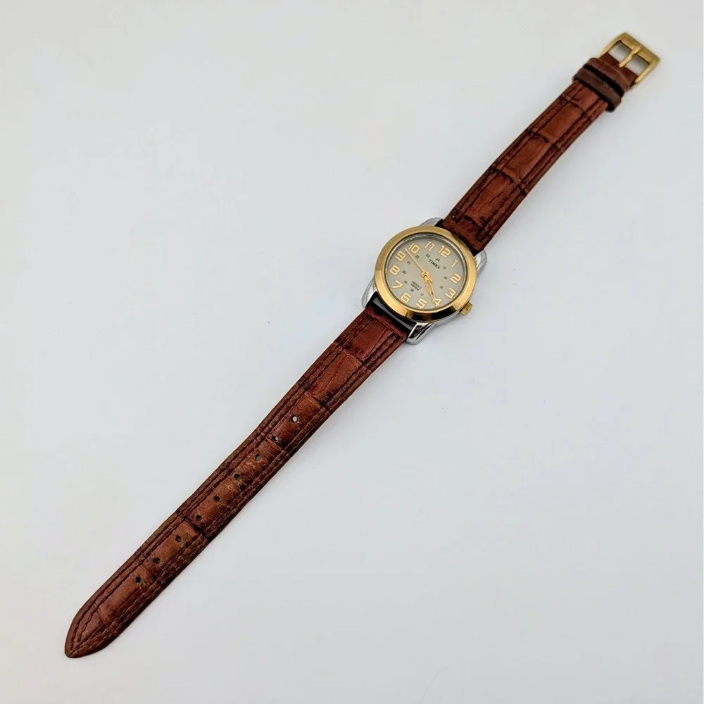 Timex Indiglo Two-Tone Women's Watch Radial Textured Dial Brown Leather 28mm